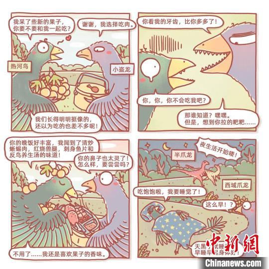 根據此次熱河鳥研究成果繪製的漫畫(燁子/繪)。　中科院古脊椎所 供圖