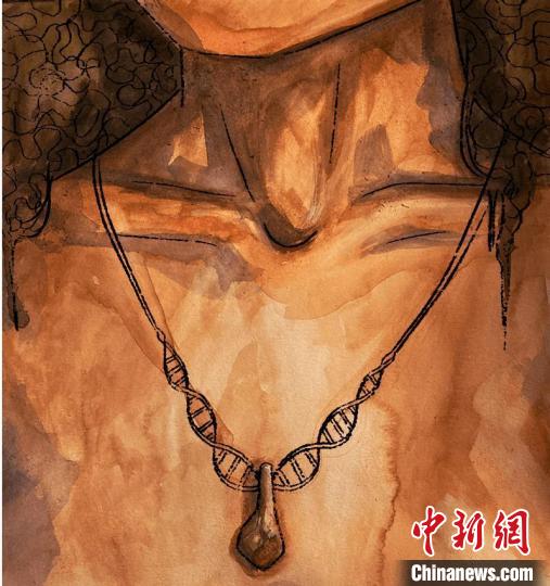 墜飾藝術再現圖，圖中吊墜繩為(wei) DNA螺旋樣式(圖片作者Myrthe Lucas)。　施普林格·自然 供圖