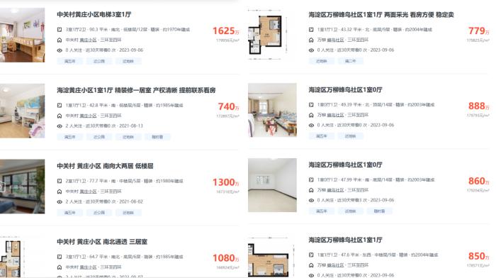 北京市海澱區部分高單價(jia) 二手房源截圖。