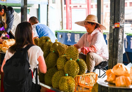 5月18日，越南果商在廣西東(dong) 興(xing) 售賣榴蓮。新華社記者胡星宇攝