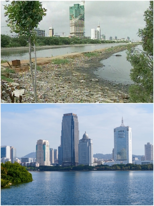 上圖：筼簹湖治理前資料圖。下圖：筼簹湖如今的美麗(li) 風光。人民網記者 吳超嵐攝