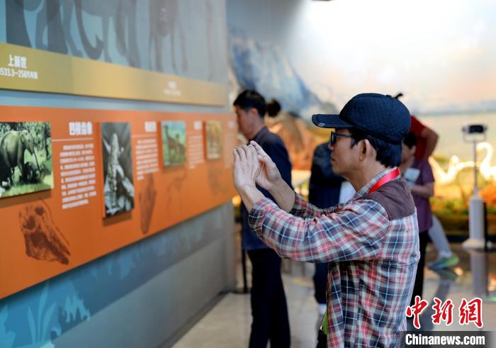 圖為(wei) 台商在祁連山國家公園生態科普館觀看牆麵藝術圖文。　薛蒂 攝