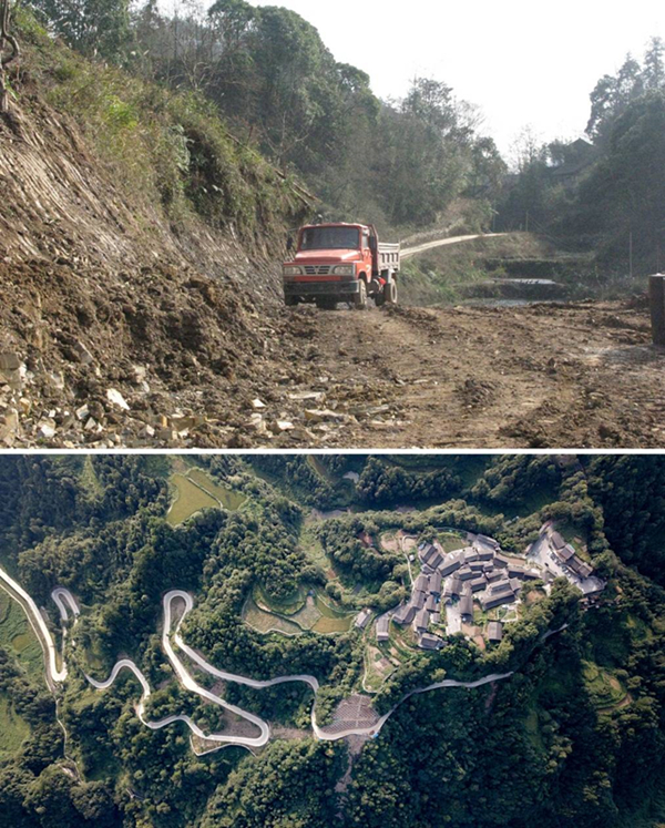 拚版照片：上圖為(wei) 2011年12月拍攝的湖南省湘西土家族苗族自治州花垣縣十八洞村進村道路；下圖為(wei) 2019年9月拍攝的十八洞村及進村道路。