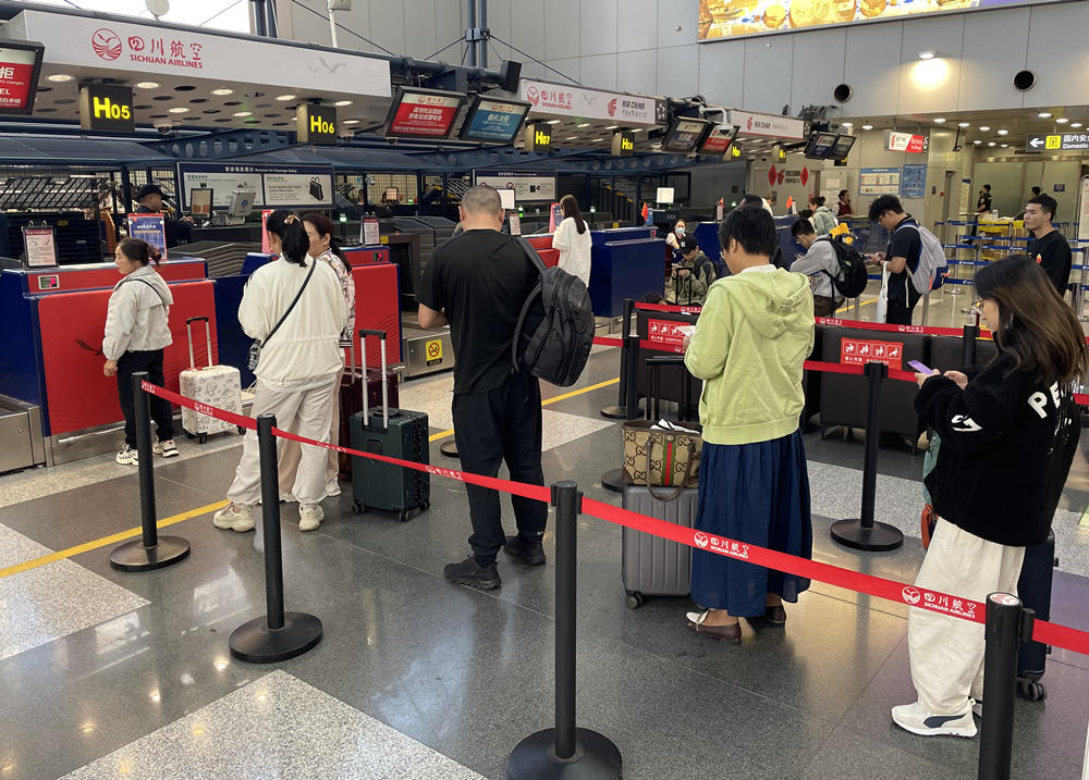 旅客在首都機場排隊辦理登機手續。人民網記者 喬(qiao) 雪峰攝