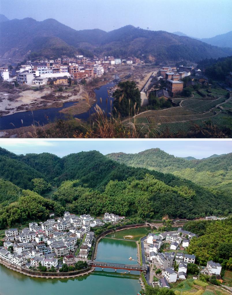 圖為(wei) 浙江省杭州市淳安縣楓樹嶺鎮下薑村拚版圖，其中上圖為(wei) 資料照片、下圖由新華社記者張铖攝。