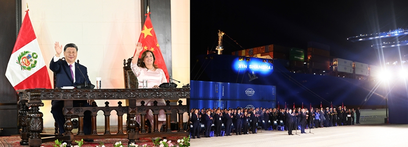 當地時間2024年11月14日晚，習(xi) 近平主席同秘魯總統博魯阿爾特在利馬總統府以視頻方式共同出席錢凱港開港儀(yi) 式（拚版照片）。