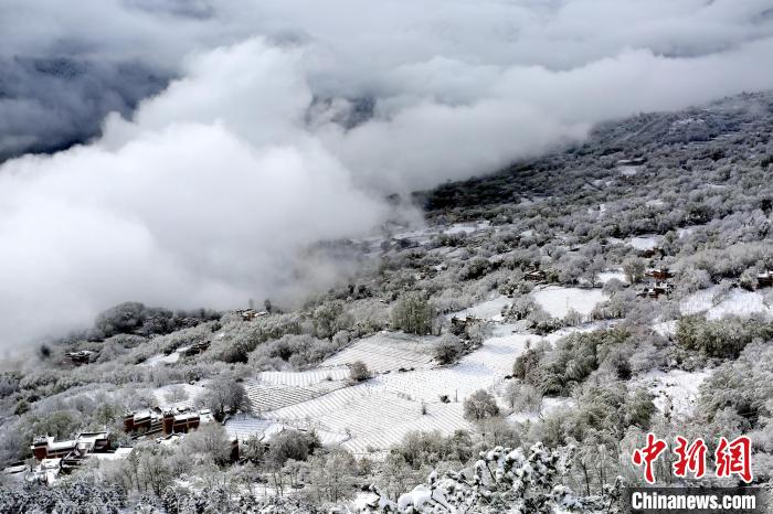雪後的丹巴半山雲(yun) 霧繚繞。　李永安 攝