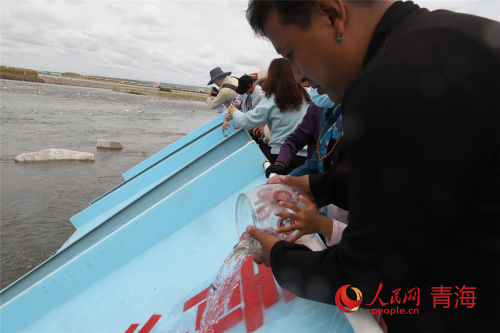 群眾(zhong) 放流青海湖裸鯉。人民網 陳明菊攝